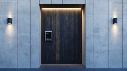 Fototapeta premium A sleek, ultra-modern entrance door made of black wood timber with an integrated smart lock and touch panel, surrounded by smooth concrete walls.