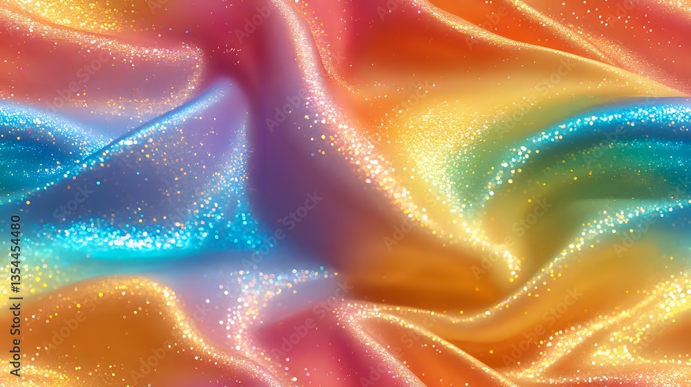 Aufkleber vibrant rainbow silk fabric with sparkling glitter effect creates flowing waves and folds in multico