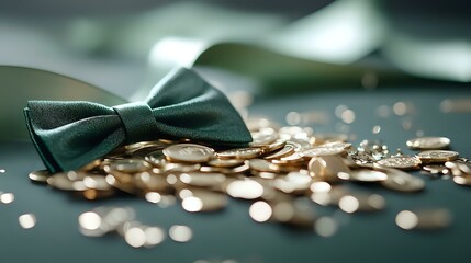 Green bow tie on scattered gold coins with soft bokeh background, creating luxurious composition for financial and formal event concepts.