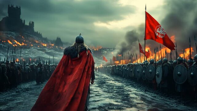An Epic Battle Scene showcasing a Warrior amongst Flames and Fire, highlighting bravery and action in combat