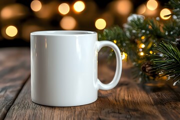 White ceramic coffee mug mockup on rustic wooden table with Christmas lights and pine branches in background, creating warm holiday atmosphere for design presentation.