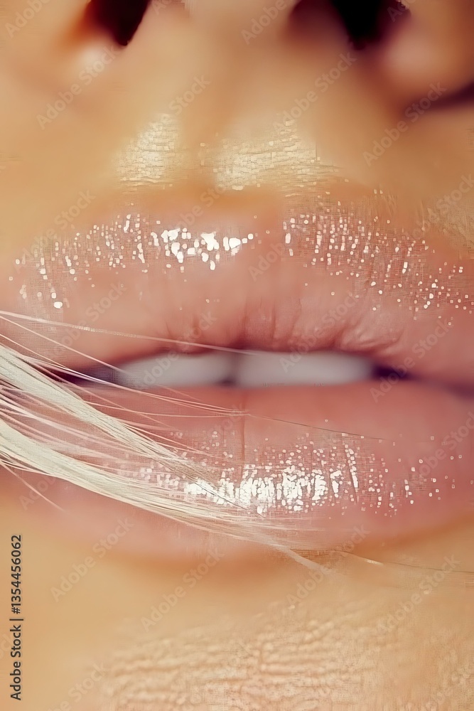 Poster close-up of glossy pink lips with shimmering lip gloss and delicate string creating artistic effect,