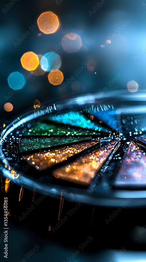 Poster abstract night cityscape through wet glass with colorful bokeh lights creating dreamy atmosphere. ra