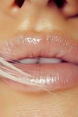 Fototapeta premium Close-up of glossy pink lips with shimmering lip gloss and delicate string creating artistic effect, suitable for beauty and cosmetic advertising campaigns.