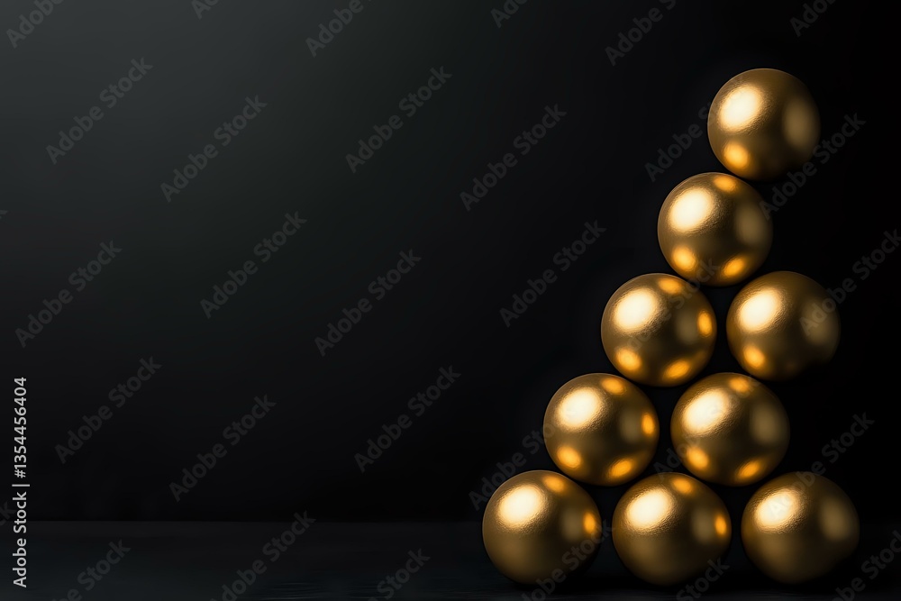 Poster golden spheres arranged in triangular formation against dark background create minimalist compositio