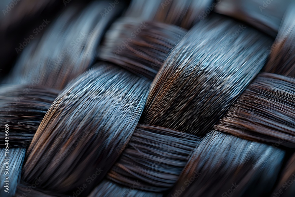 Poster macro shot of woven dark brown and blue fibers creating an intricate basket weave pattern with selec