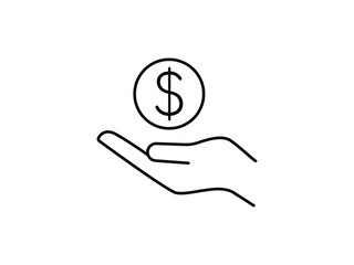 Minimalist Black Hand Holding Dollar Coin Icon on White Background for Finance and Payment Designs