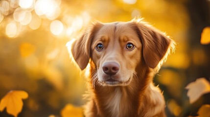 A beautiful dog looking at the camera, with yellow leaves in the background