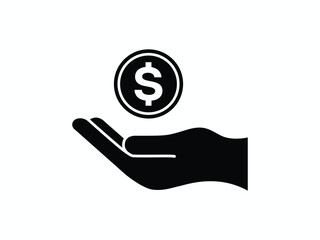 Minimalist Black Hand Holding Dollar Coin Icon on White Background for Finance and Payment Designs