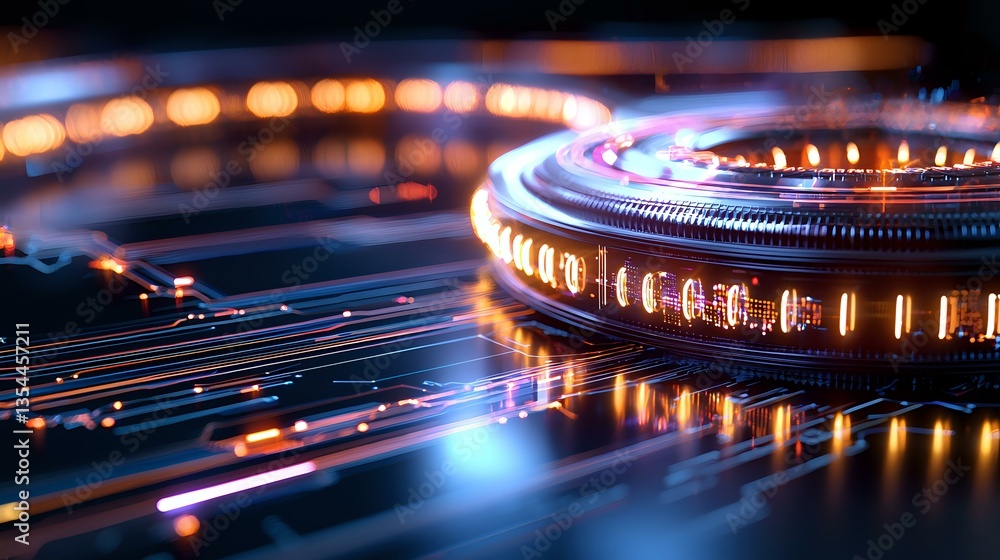 Poster futuristic glowing circuit ring with blue light trails and orange bokeh effects creates dynamic tech