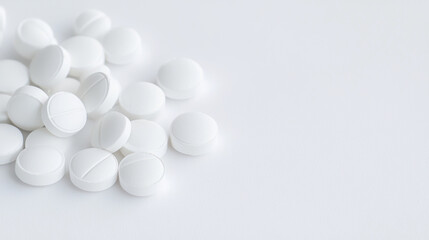 White round pills scattered on clean surface, symbolizing health and medication