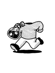 cartoon illustration without head carrying plastic bag with eyes