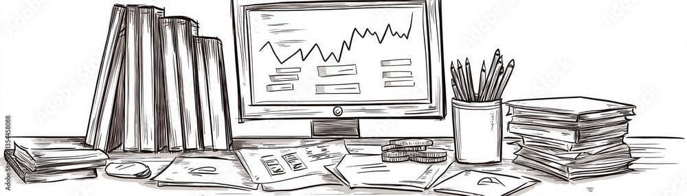 Poster office desk with computer and books, graph in background. possible for education or business use