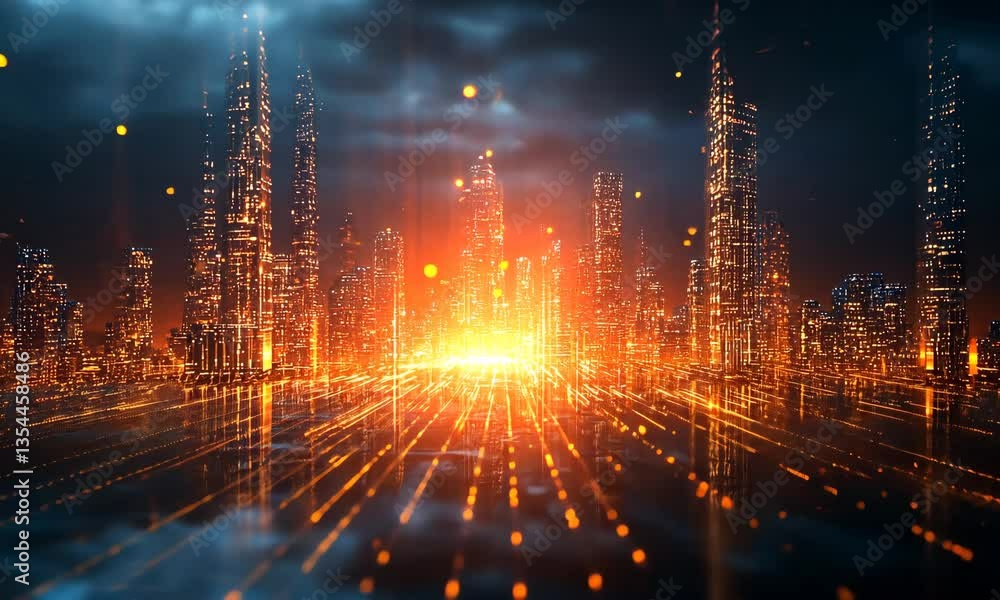 Poster abstract futuristic city with orange glowing lights representing data streams and connectivity