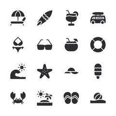 A collection of black and white icons for beach and summer activities