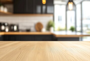 Wooden Kitchen Countertop Mockup – Blurred Modern & Classic Kitchen Background