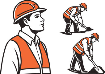 Three illustrations of construction workers in profile and action, wearing safety vests and hard hats, engaged in digging with shovels.