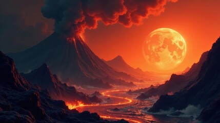 A fiery volcanic eruption illuminates a dramatic landscape under a large, glowing orange moon, creating a breathtaking celestial scene of molten rivers and rugged peaks.