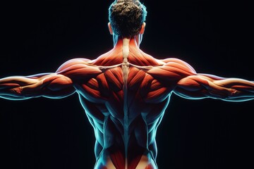 Close up of 3D rendering human torso upper body showing muscles