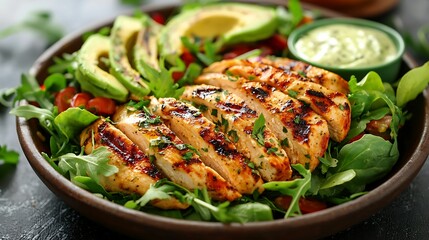 Grilled chicken breast served on a bed of arugula, garnished with avocado slices and a creamy sauce, showcasing a healthy, colorful meal.