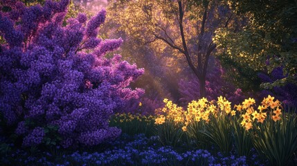 A burst of purple lilacs and bright yellow daffodils blooming in a city park, celebrating the balance of day and night during the spring equinox