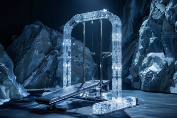 Ice Gym: A chillingly beautiful image featuring an icy gym set up, where the barbell, bench, and structure gleam with an ethereal blue light