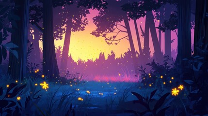 Fototapeta premium A calm forest during twilight, where the fading daylight meets the first signs of night, with fireflies starting to glow