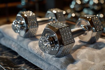 Luxury Fitness: A pair of high-end, dazzling dumbbells crafted from lustrous silver, embellished with sparkling gemstones, rest elegantly on a soft, absorbent towel.