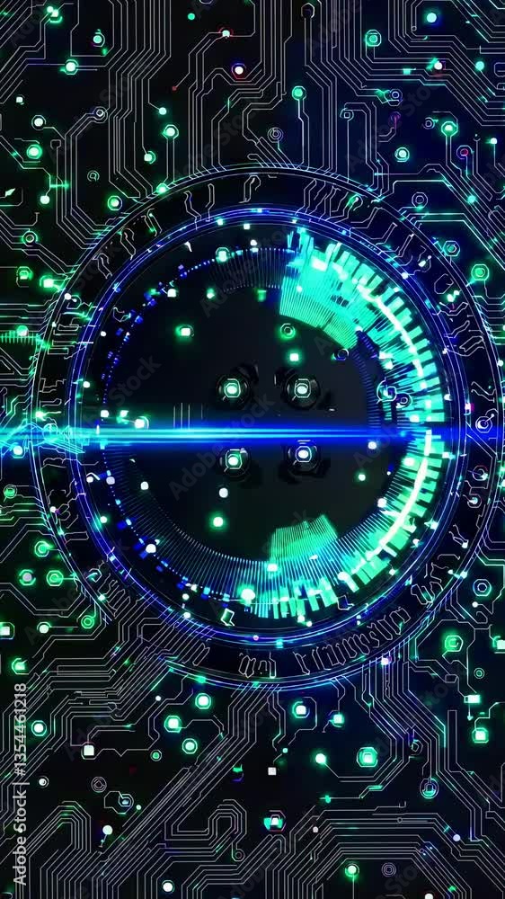 Poster futuristic digital interface with a top-down view, featuring glowing circuits and a central circular