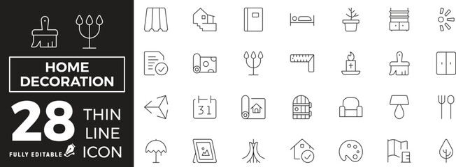 Home Decoration Icons set of web and mobile in thin line style. Decorating Icons & Symbols Containing home interior, house, gardening, modern, parquet floor, architecture, home improvement and more