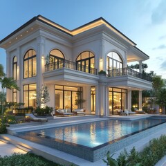 Fototapeta premium Luxurious mansion with swimming pool showcases elegant architectural design