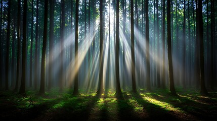 Obraz premium Sunlight Beams Through Forest Trees with Green Moss and Shadows Forming a Beautiful Natural Scene