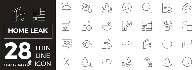 Home Leak Icons set of web and mobile in thin line style. Leaking Icons & Symbols Containing bathtub, outline, simplicity, vector, design, dripping, equipment, services and more