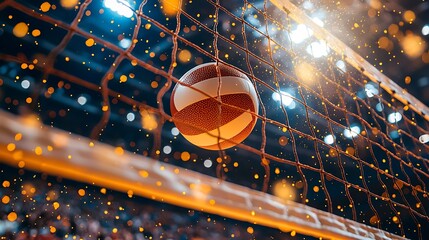 Volleyball in net, stadium lights, bokeh.
