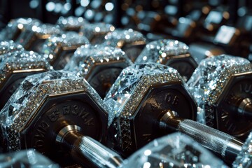 Luxury Dumbbells: A close-up shot showcases an array of gleaming, diamond-encrusted dumbbells arranged neatly, radiating opulence and dedication to fitness.