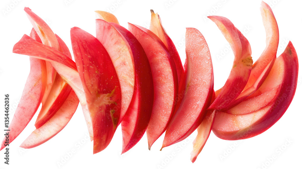 Poster apple slice cascade: a dynamic arrangement of vibrant, freshly cut apple slices artfully arranged in
