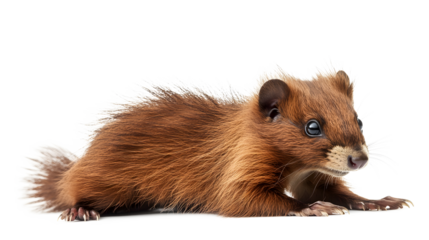 A small brown animal with a long tail is laying on a white background