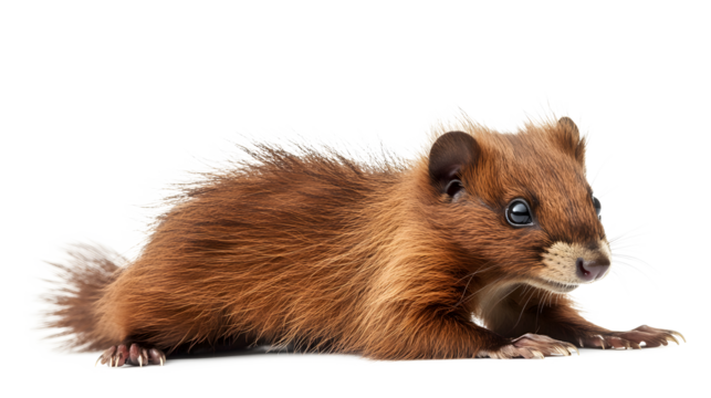 A small brown animal with a long tail is laying on a white background