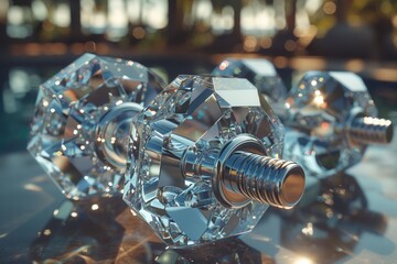 Sparkling Crystal Dumbbells: Captivating image of crystal dumbbells showcasing sharp reflections and the precision of craftsmanship, presenting a striking balance between luxury and fitness.