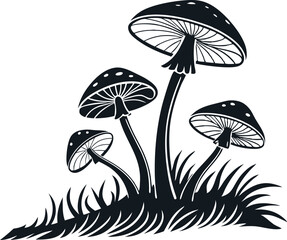 Intricate Black and White Illustration of Mushrooms in Grass