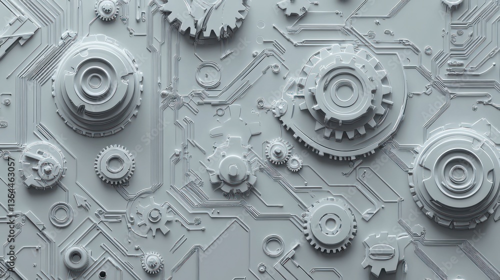 Poster abstract gears and circuit board, futuristic technology background, possible use in technology or en