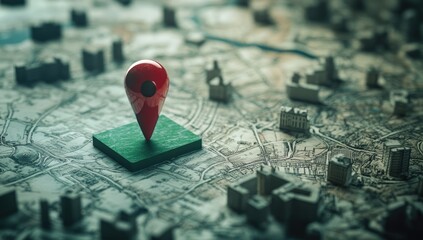 A red map pin marks a location on a city map