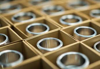 A box of neatly arranged metal ring components in brown paper compartments, blurred background