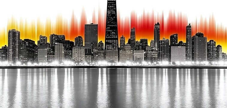 Urban reflections monochrome, city skyline with vibrant sunset aura backdrop