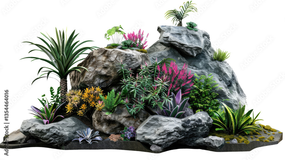 Poster botanical oasis: a captivating composition of a rock garden, lushly adorned with a vibrant array of 
