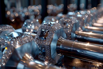 Diamonds in Precision: Exquisite close-up of meticulously crafted diamond settings within a metallic machine, emphasizing the brilliance and precision of fine jewelry manufacturing.
