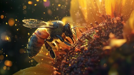 A close-up of a honeybee collecting nectar from a vibrant sunflower, golden pollen dusting its tiny legs