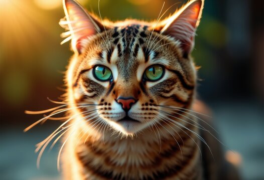 A close-up of a Bengal cat with striking green eyes and a beautiful coat