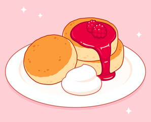 Syrniki, Eastern European cottage cheese pancakes with sour cream and raspberry jam. Traditional breakfast food vector illustration.