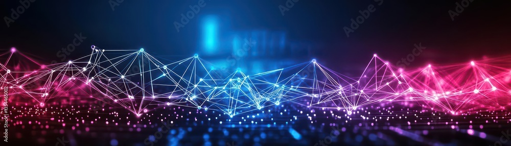 Poster Abstract background Dot and connect line for cyber technology futuristic and network connection concept with dark and grain processed wide screen ratio